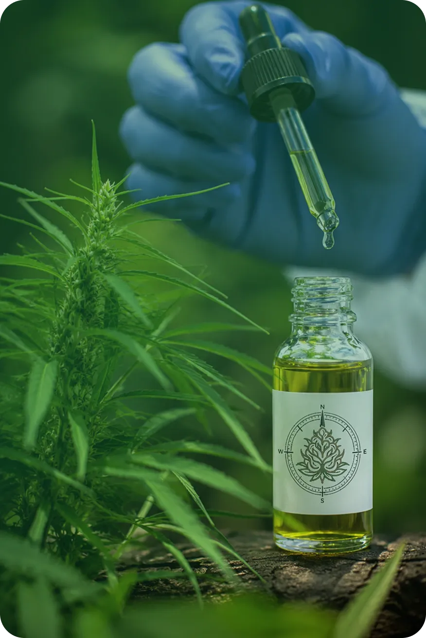 Cannabispflanze im Freien neben einer beschrifteten Flasche mit Cannabisextrakt